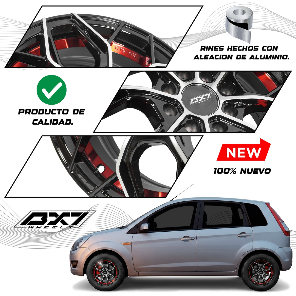 RINES BX7 FW8 14 4X100/108 / ET 35/ CB 73.1/  BLACK WITH FACE AND LIP MACHINED+RED UNDER CUT