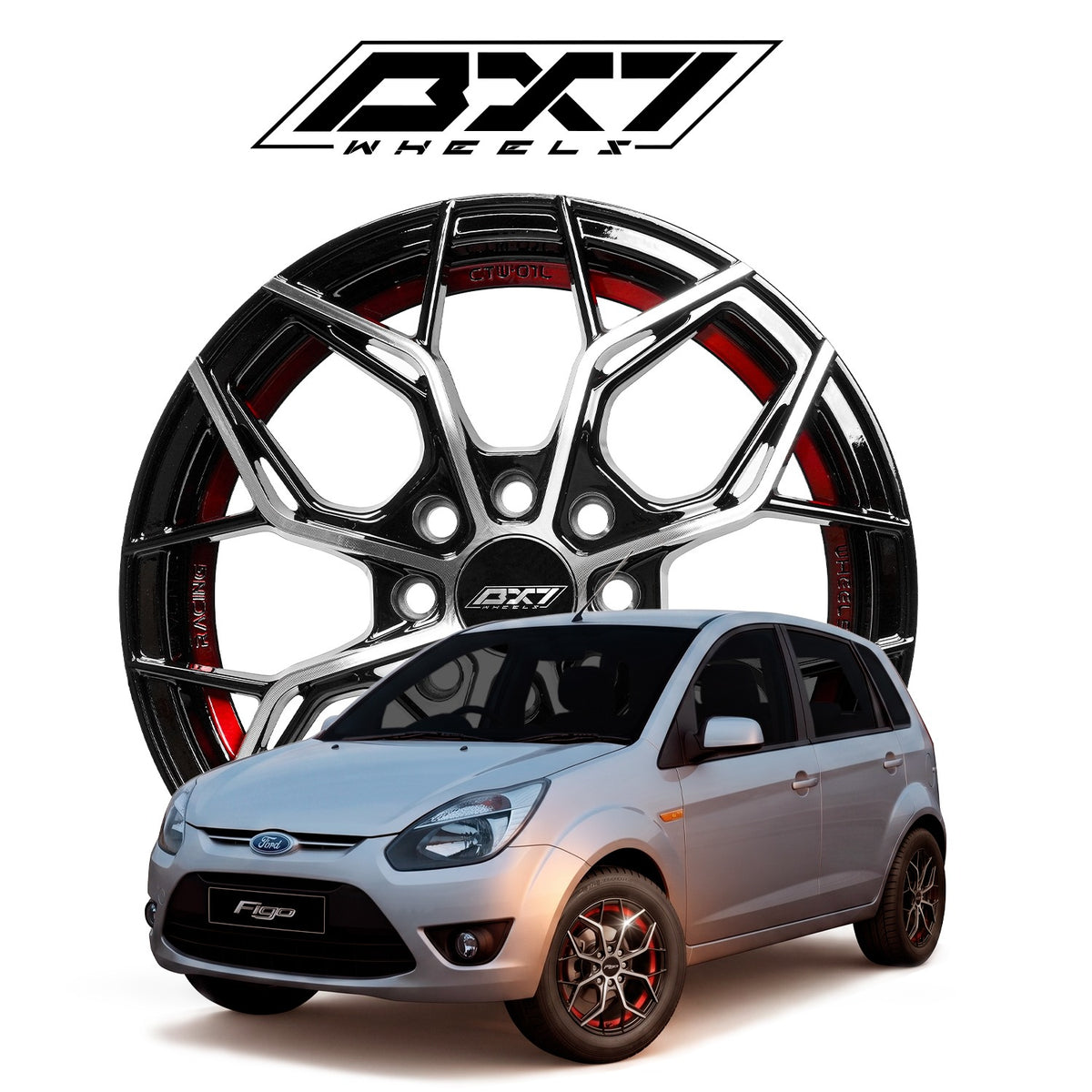 RINES BX7 FW8 14 4X100/108 / ET 35/ CB 73.1/  BLACK WITH FACE AND LIP MACHINED+RED UNDER CUT