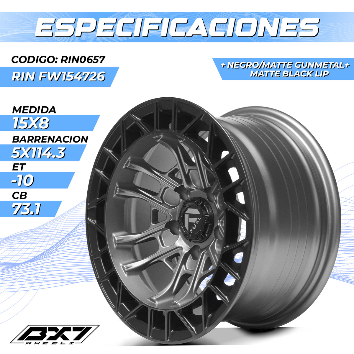 RIN BX7 WHEELS 15X8 5/114.3 ET: -10 CB: 73.1 MATTE GUNMETAL+ MATTE