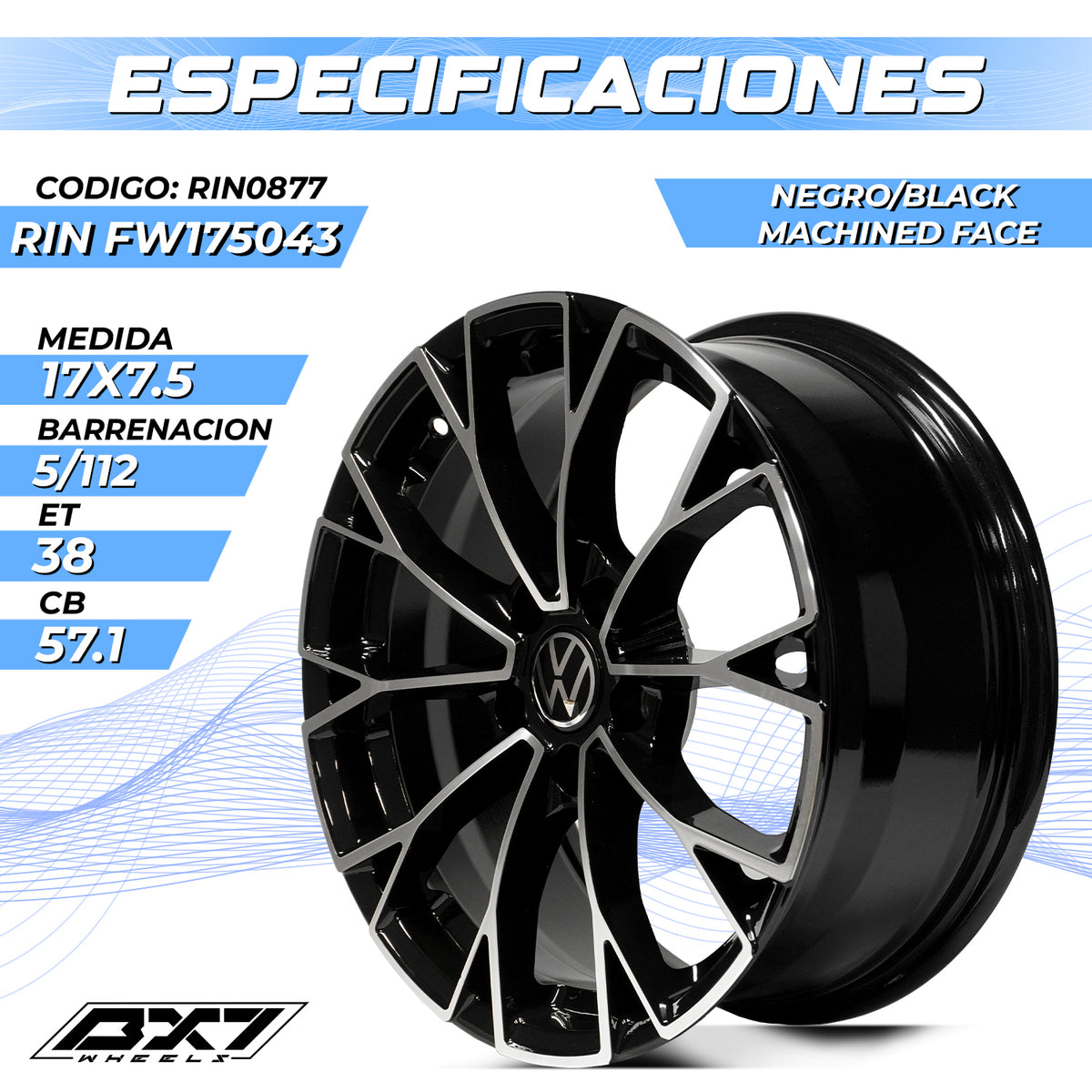 RIN BX7 WHEELS 17X7.5 5/112 ET: 38 CB: 57.1 NEGRO/BLACK MACHINED FACE