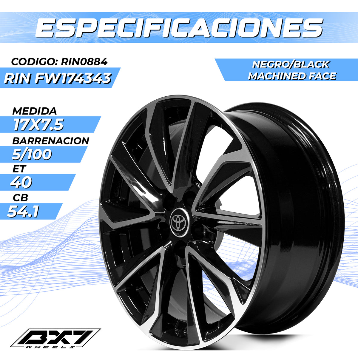 RIN BX7 WHEELS 17X7.5 5/100 ET: 40 CB: 54.1 NEGRO/BLACK MACHINED FACE