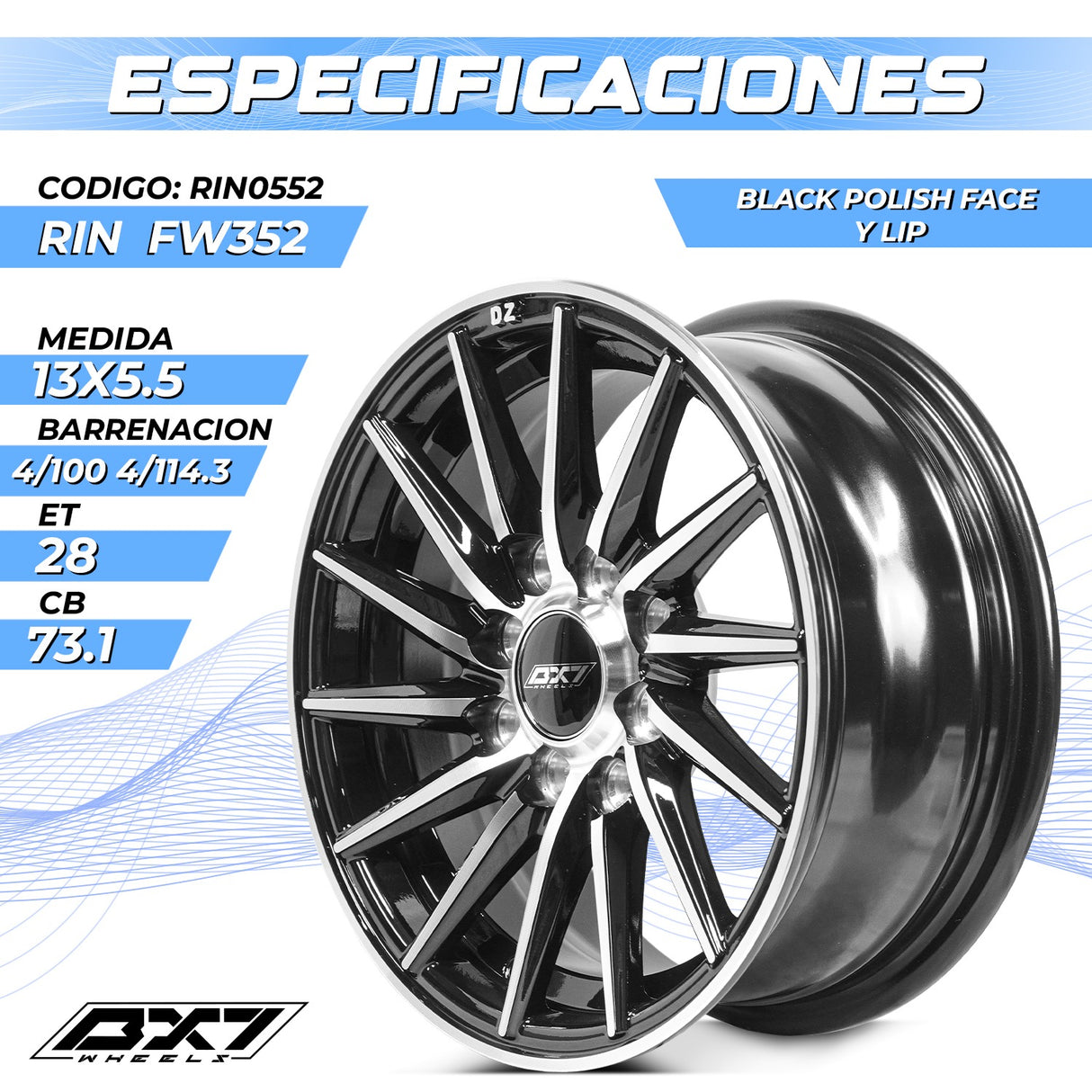RINES BX7 FW3 13 4X100X114.3/ ET28/ CB 73.1/ BLACK POLISH FACE & LIP