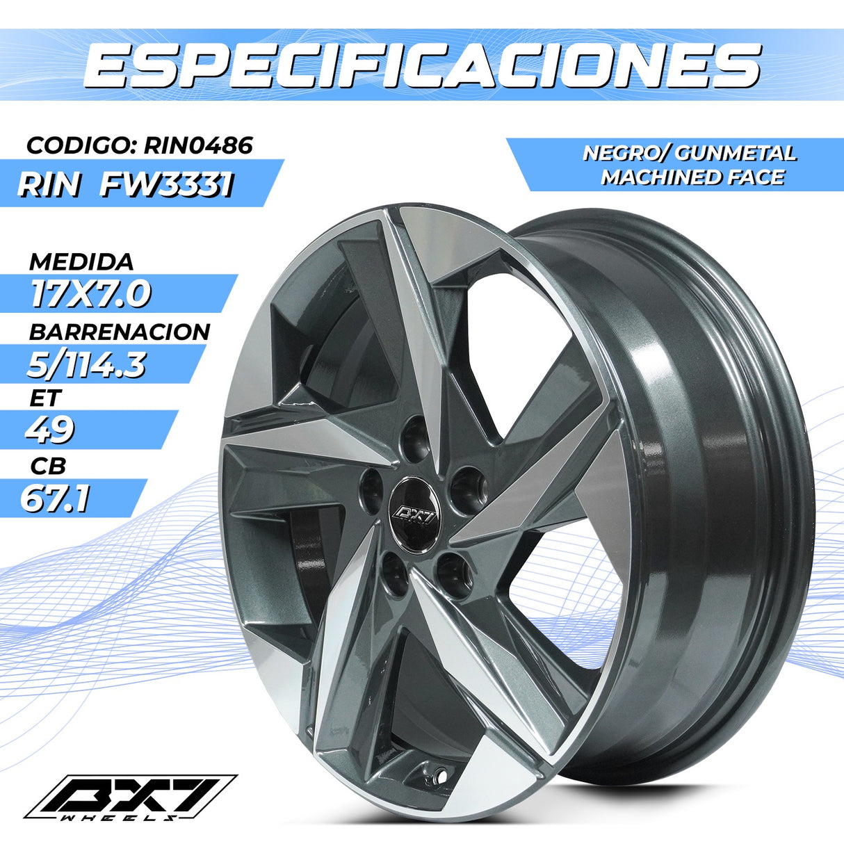 RIN BX7 FW3 17 5X114.3/ ET 49/ CB 67.1/ NEGRO-GUNMETAL MACHINED FACE