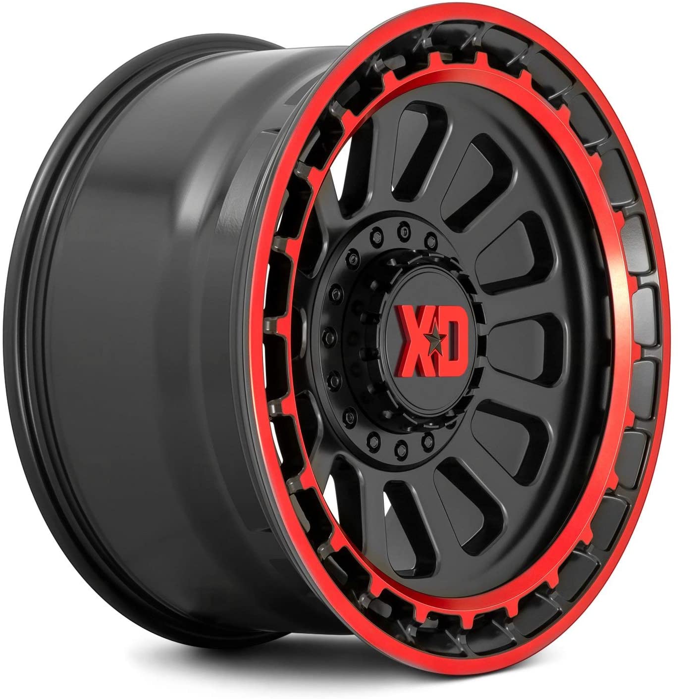 RINES KMC 17X9 6X114.3 / 139.7 XD OMEGA SATIN BLACK MACHINED LIP W/ RED TINT